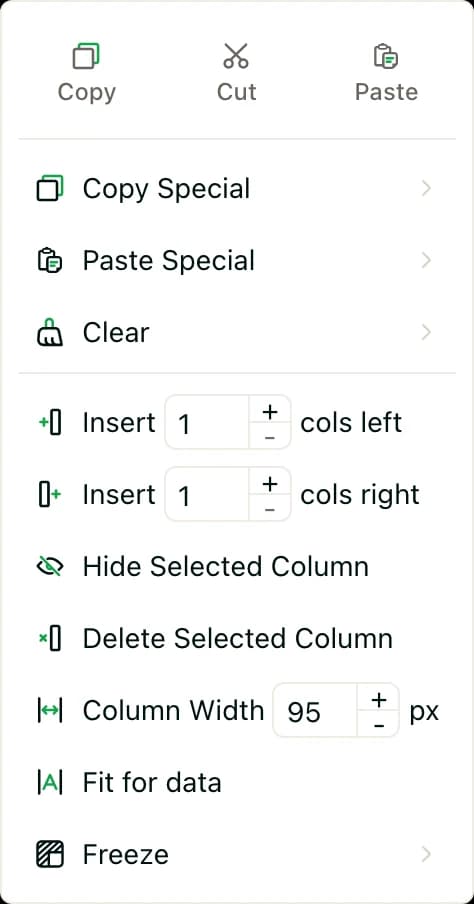 The right-click menu for a column, with Insert, Hide Selected Column, Delete Selected Column, and Column Width