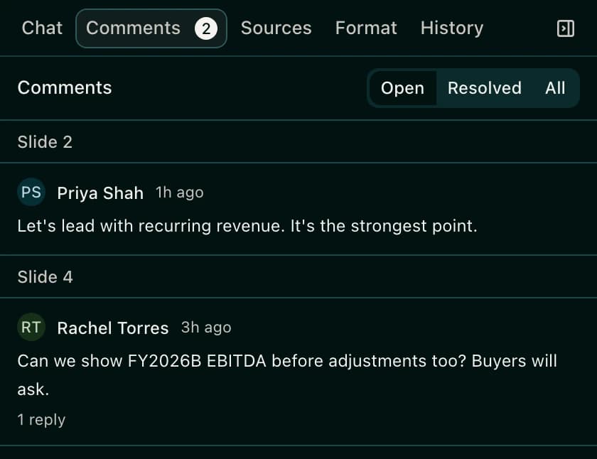The Comments tab listing open comments by slide