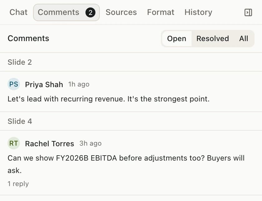 The Comments tab listing open comments by slide