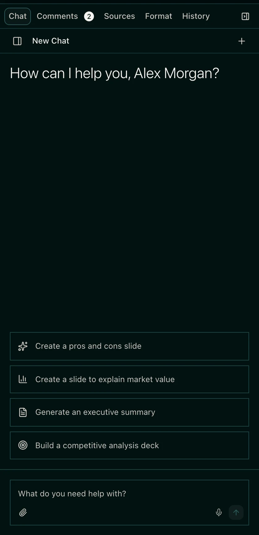 The Chat tab inside a deck, with suggested requests and the message box