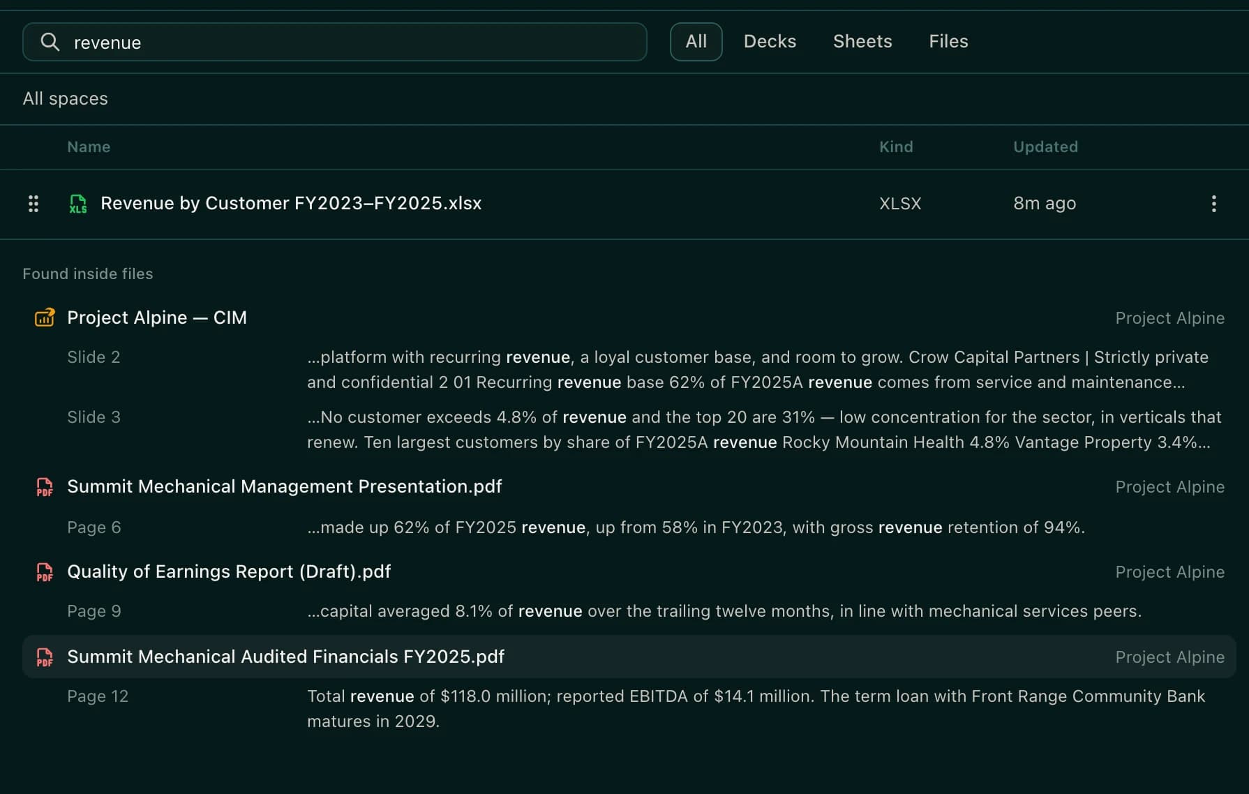 The Documents search showing a name match and, under Found inside files, matching passages from a deck and PDFs