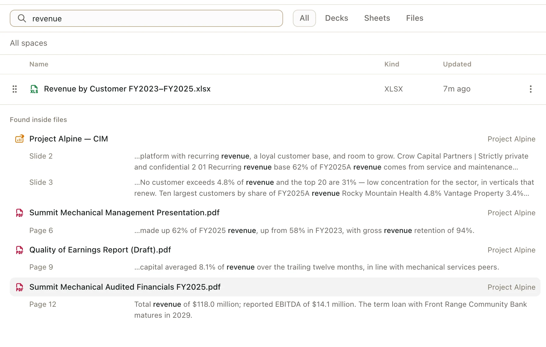 The Documents search showing a name match and, under Found inside files, matching passages from a deck and PDFs