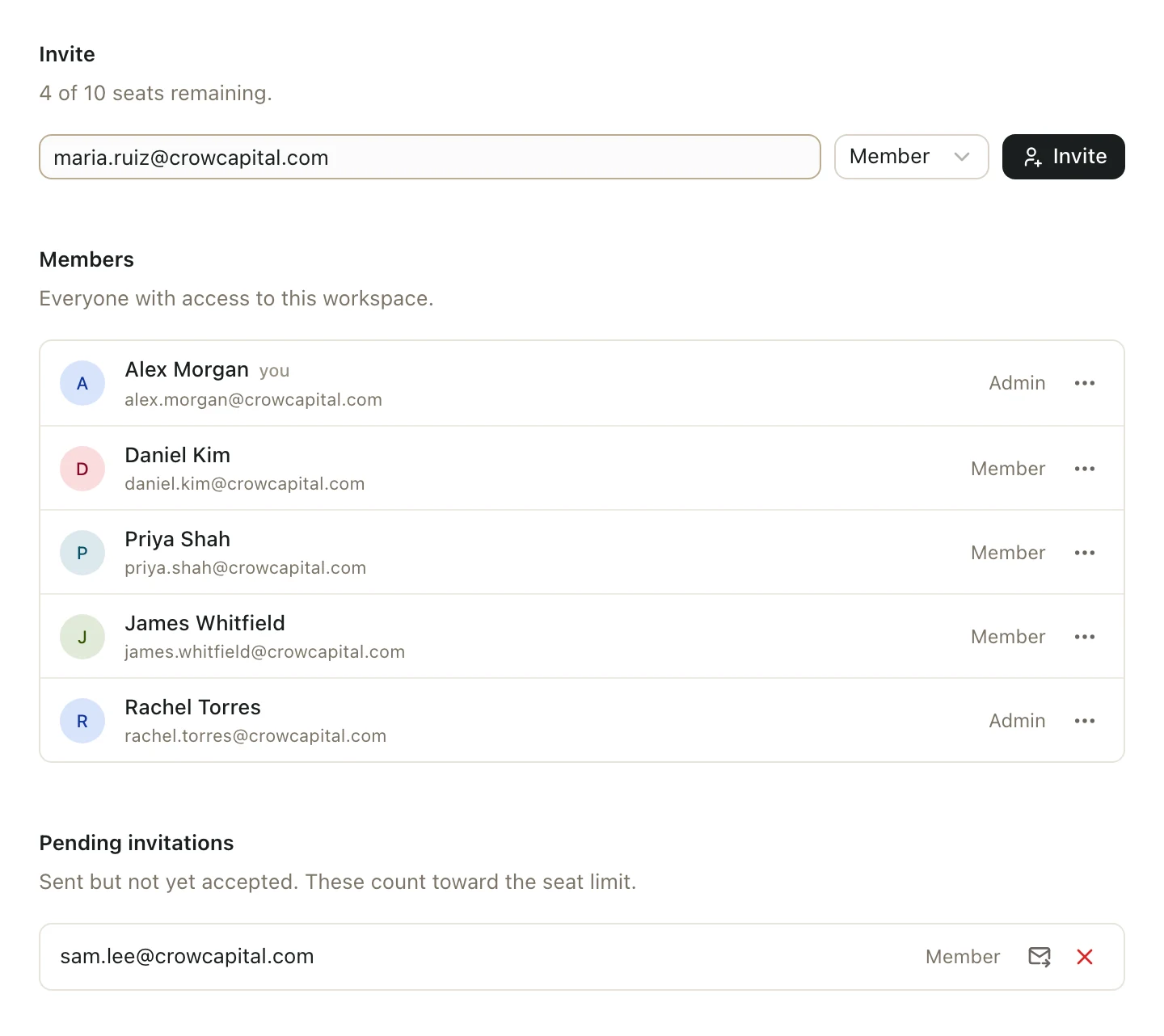The Members settings page with an email typed into Invite