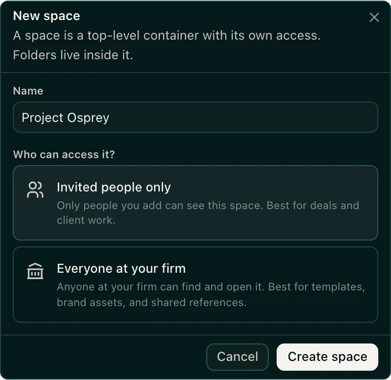 The New space window with the name Project Osprey and Invited people only selected