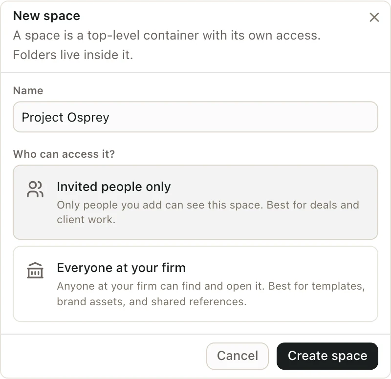 The New space window with the name Project Osprey and Invited people only selected