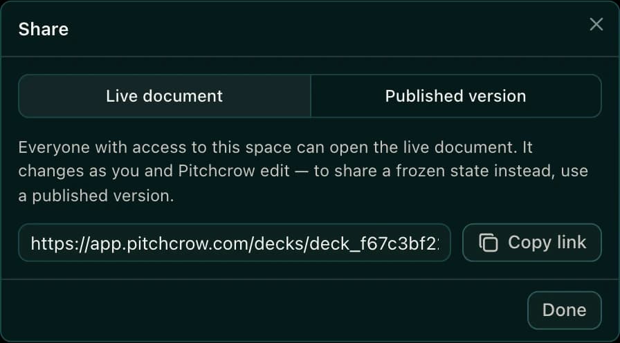 The Live document tab in the Share window, with a Copy link button
