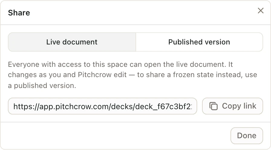 The Live document tab in the Share window, with a Copy link button