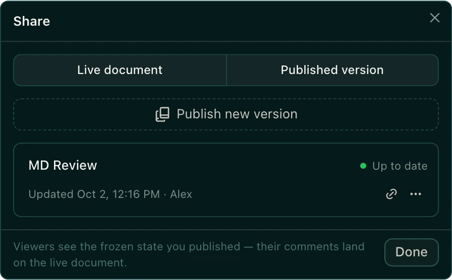 The Published version tab listing the MD Review version with its copy link button