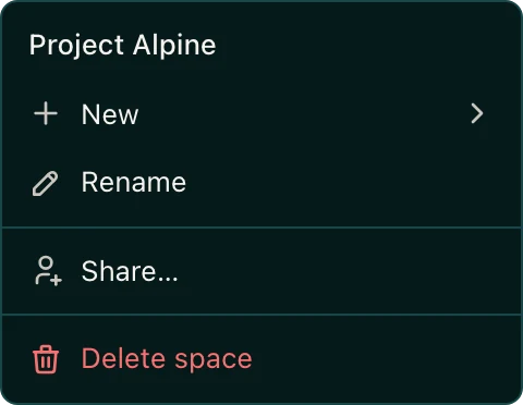 Right-clicking a space shows Rename and Delete space