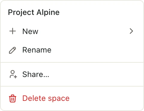 Right-clicking a space shows Rename and Delete space