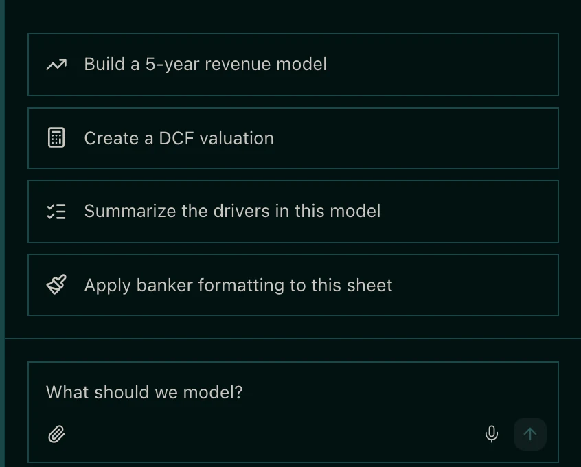 The Chat tab inside a sheet, with suggestions like Build a 5-year revenue model