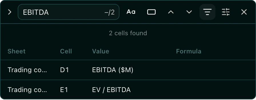 The Find all list showing two matching cells with their tab, cell, value, and formula