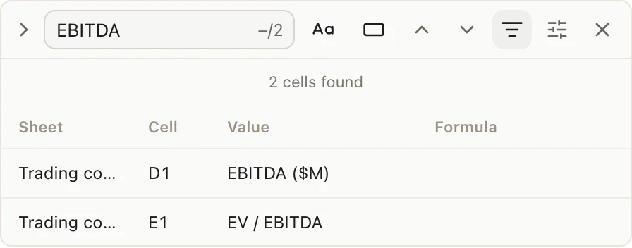 The Find all list showing two matching cells with their tab, cell, value, and formula