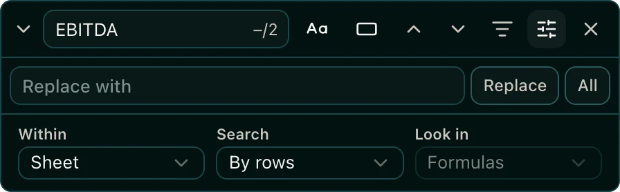 The sheet find bar with Replace with, Replace, All, and the Within, Search, and Look in options