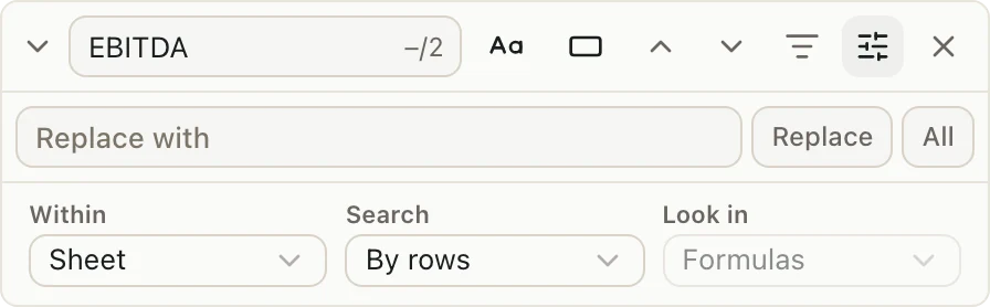 The sheet find bar with Replace with, Replace, All, and the Within, Search, and Look in options