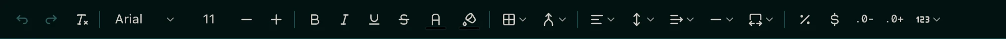 The sheet toolbar with buttons for font, size, bold, colors, borders, merging, alignment, and number formats