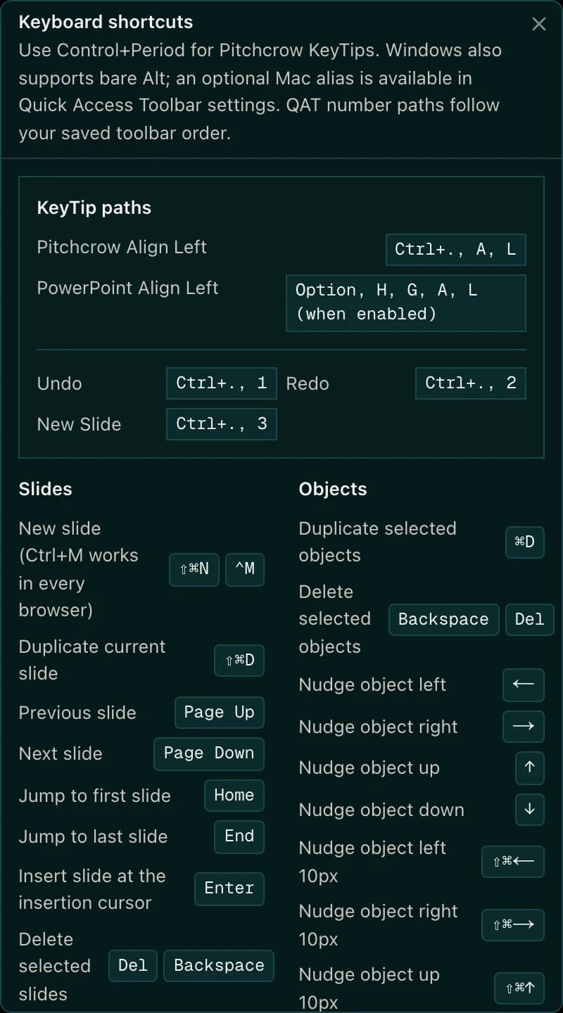 The Keyboard shortcuts window listing KeyTip paths and slide shortcuts