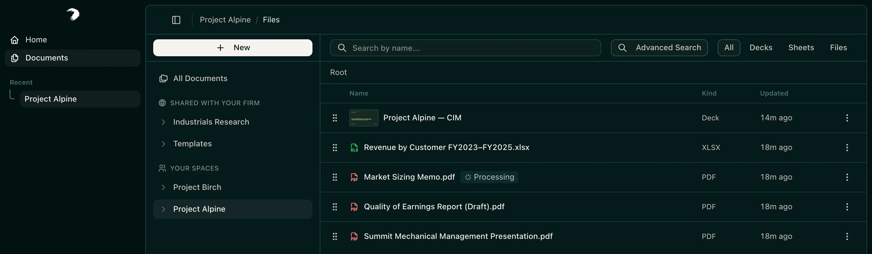 The Documents page with the Project Alpine space open, showing a deck and its files