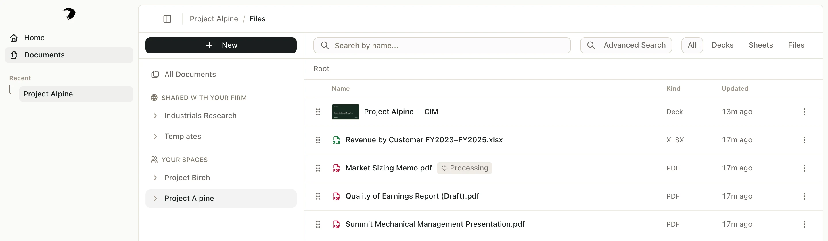 The Documents page with the Project Alpine space open, showing a deck and its files
