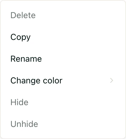 The right-click menu for a sheet tab, with Delete, Copy, Rename, Change color, Hide, and Unhide