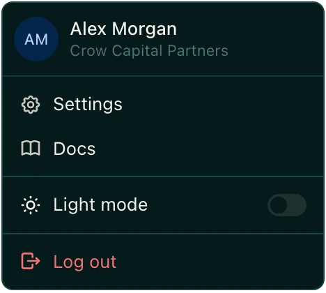 The menu under your name, with Settings, Docs, and the Light mode switch