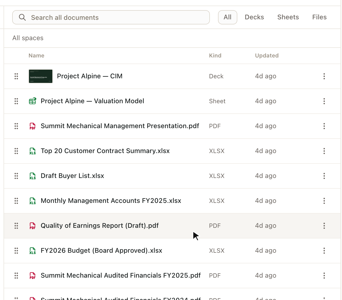 Searching a deal space for revenue and getting matches inside the CIM, the management presentation, the quality of earnings report and the audited financials